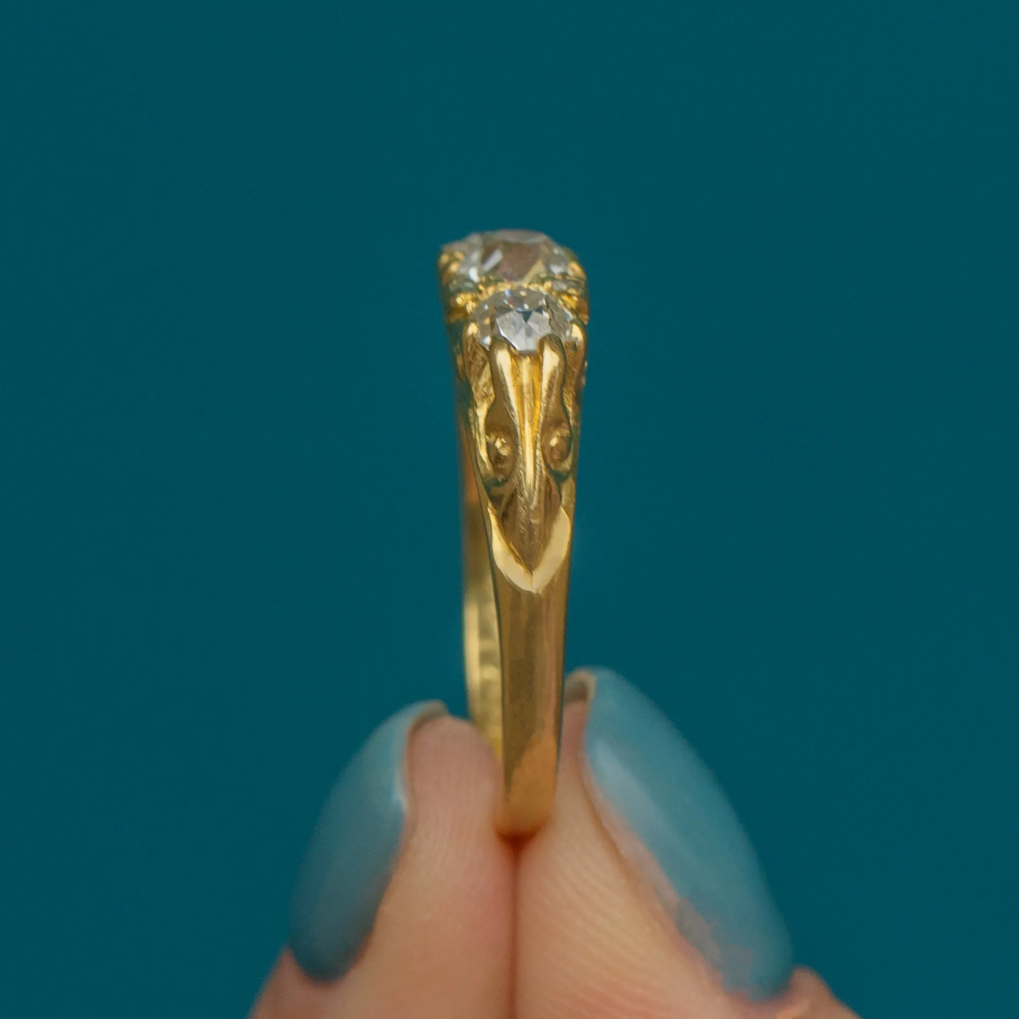 18ct Gold Old Mine Cut Diamond Three Stone Ring, 0.92ct