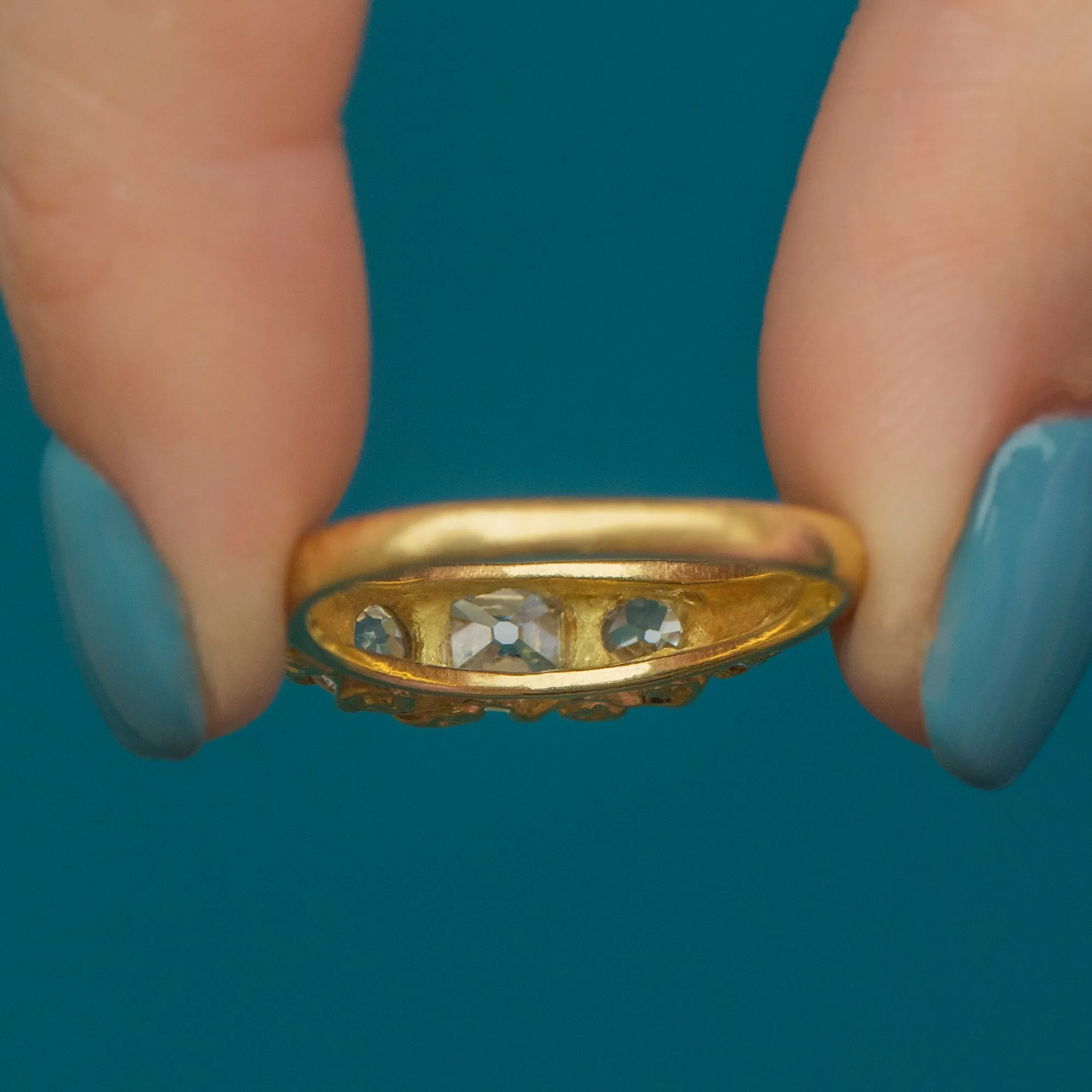 18ct Gold Old Mine Cut Diamond Three Stone Ring, 0.92ct