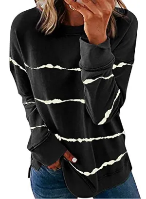 Biucly Womens Fashion Crewneck Tie Dye Sweatshirt Striped Printed Oversized Loose Soft Long Sleeve Fall Pullover Tops Shirts Hoodies & Sweatshirts for Women,US 8-10(M),Black