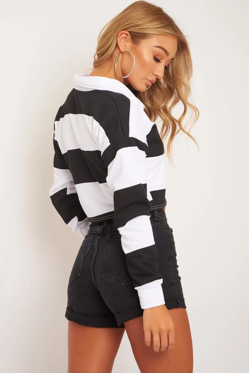 Black White Stripe Cropped Polo Top - Hadia