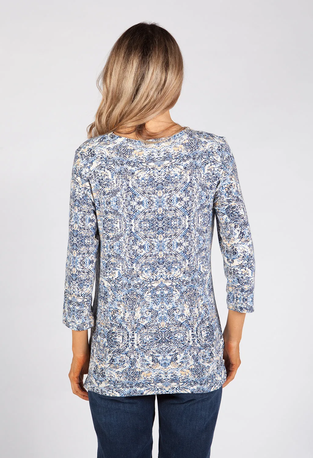 Blue and White Paisley Print Top