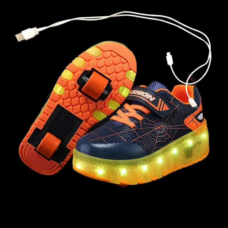 Children One Two Wheels Luminous Glowing Sneakers Gold Pink Led Light Roller Skate Shoes unisex usb charging