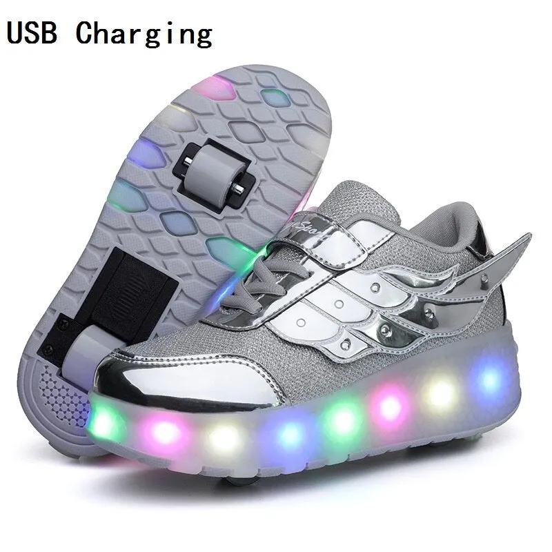Children One Two Wheels Luminous Glowing Sneakers Gold Pink Led Light Roller Skate Shoes unisex usb charging