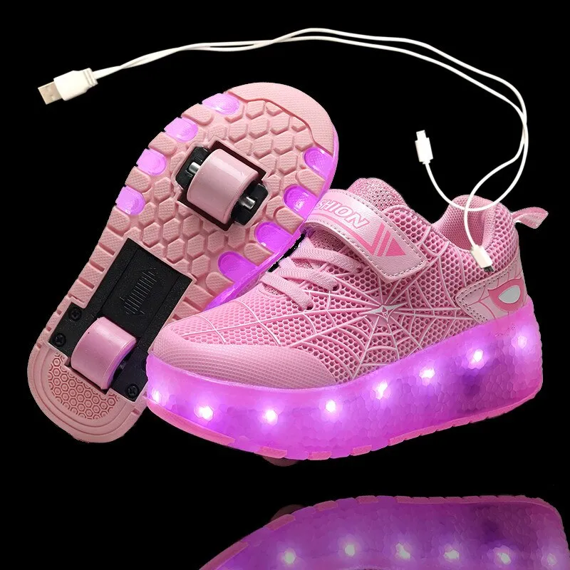Children One Two Wheels Luminous Glowing Sneakers Gold Pink Led Light Roller Skate Shoes unisex usb charging
