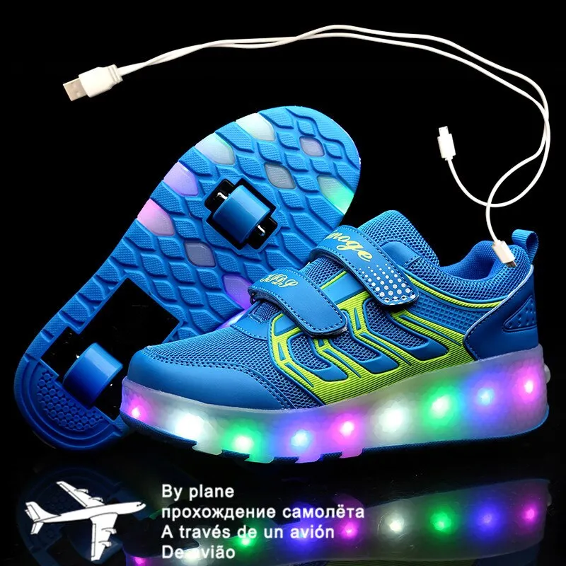 Children One Two Wheels Luminous Glowing Sneakers Gold Pink Led Light Roller Skate Shoes unisex usb charging