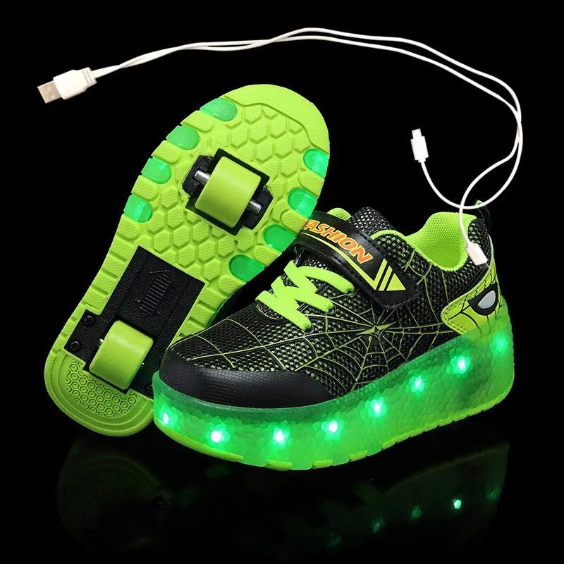 Children One Two Wheels Luminous Glowing Sneakers Gold Pink Led Light Roller Skate Shoes unisex usb charging