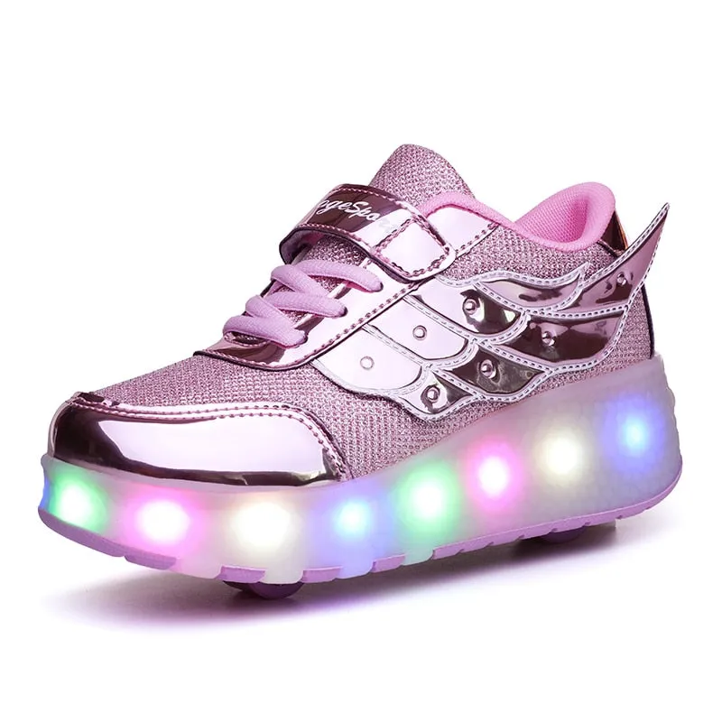 Children One Two Wheels Luminous Glowing Sneakers Gold Pink Led Light Roller Skate Shoes unisex usb charging