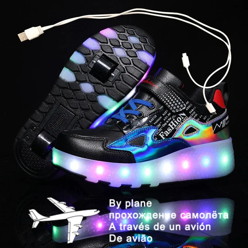 Children One Two Wheels Luminous Glowing Sneakers Gold Pink Led Light Roller Skate Shoes unisex usb charging