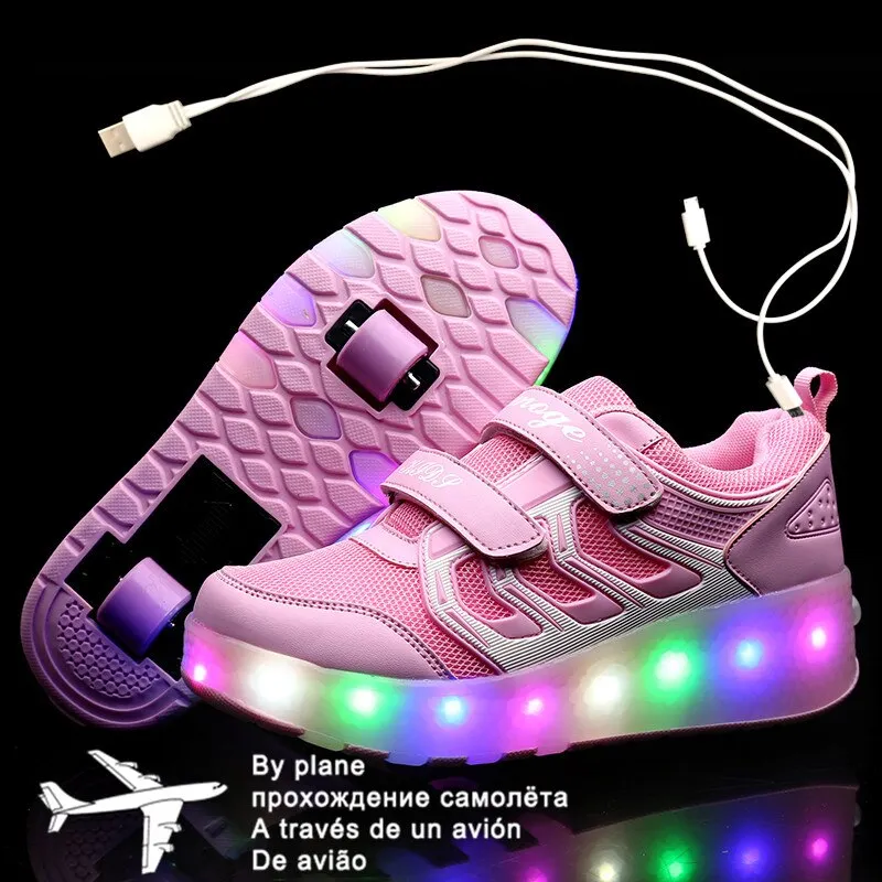 Children One Two Wheels Luminous Glowing Sneakers Gold Pink Led Light Roller Skate Shoes unisex usb charging