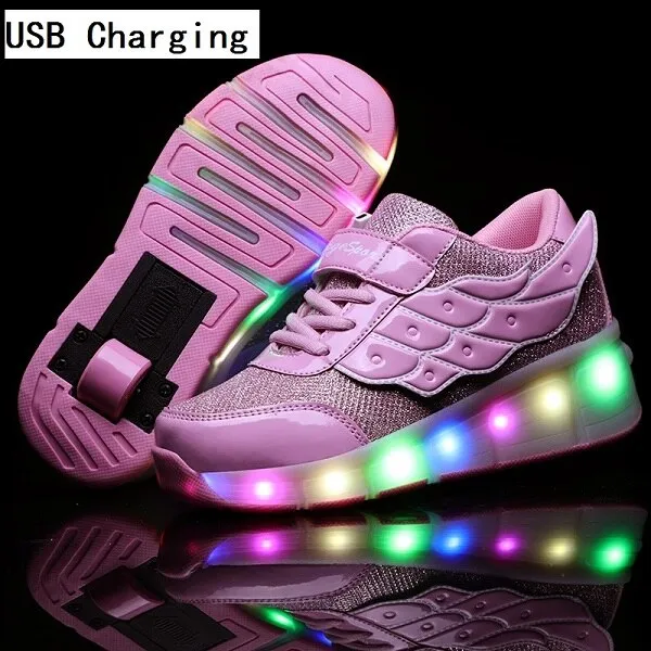 Children One Two Wheels Luminous Glowing Sneakers Gold Pink Led Light Roller Skate Shoes unisex usb charging