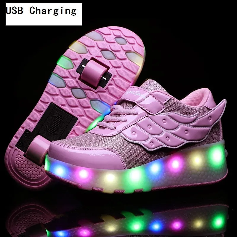 Children One Two Wheels Luminous Glowing Sneakers Gold Pink Led Light Roller Skate Shoes unisex usb charging