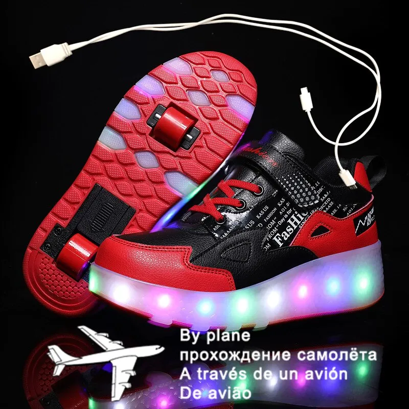 Children One Two Wheels Luminous Glowing Sneakers Gold Pink Led Light Roller Skate Shoes unisex usb charging