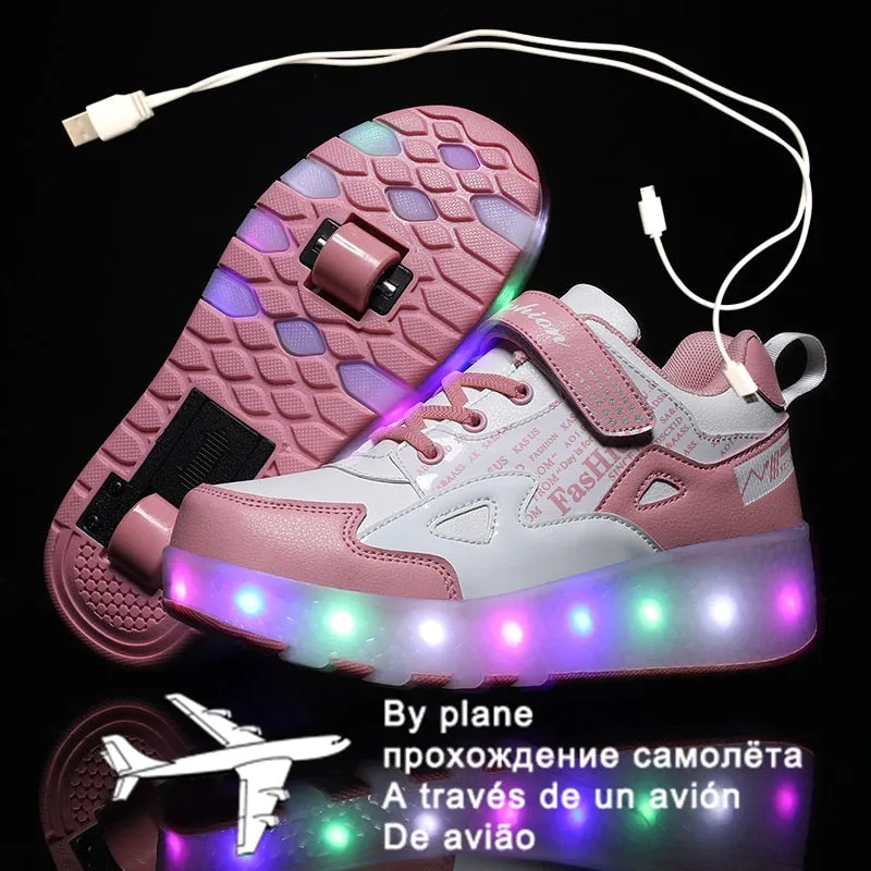 Children One Two Wheels Luminous Glowing Sneakers Gold Pink Led Light Roller Skate Shoes unisex usb charging