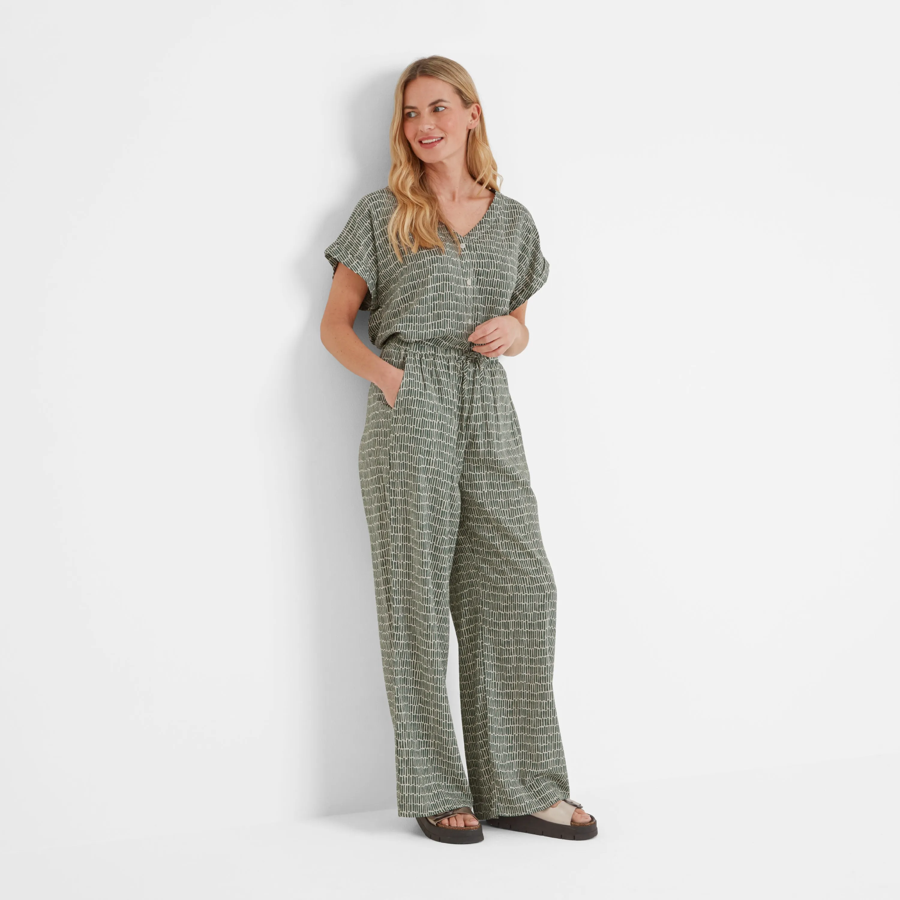Christina Womens Trousers - Green Dash Print