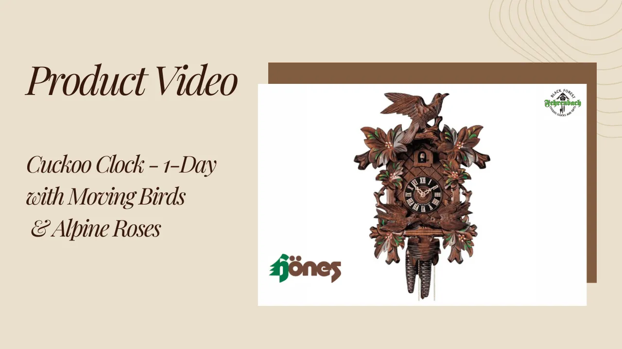 Cuckoo Clock - 1-Day with Moving Birds & Alpine Roses - HÖNES