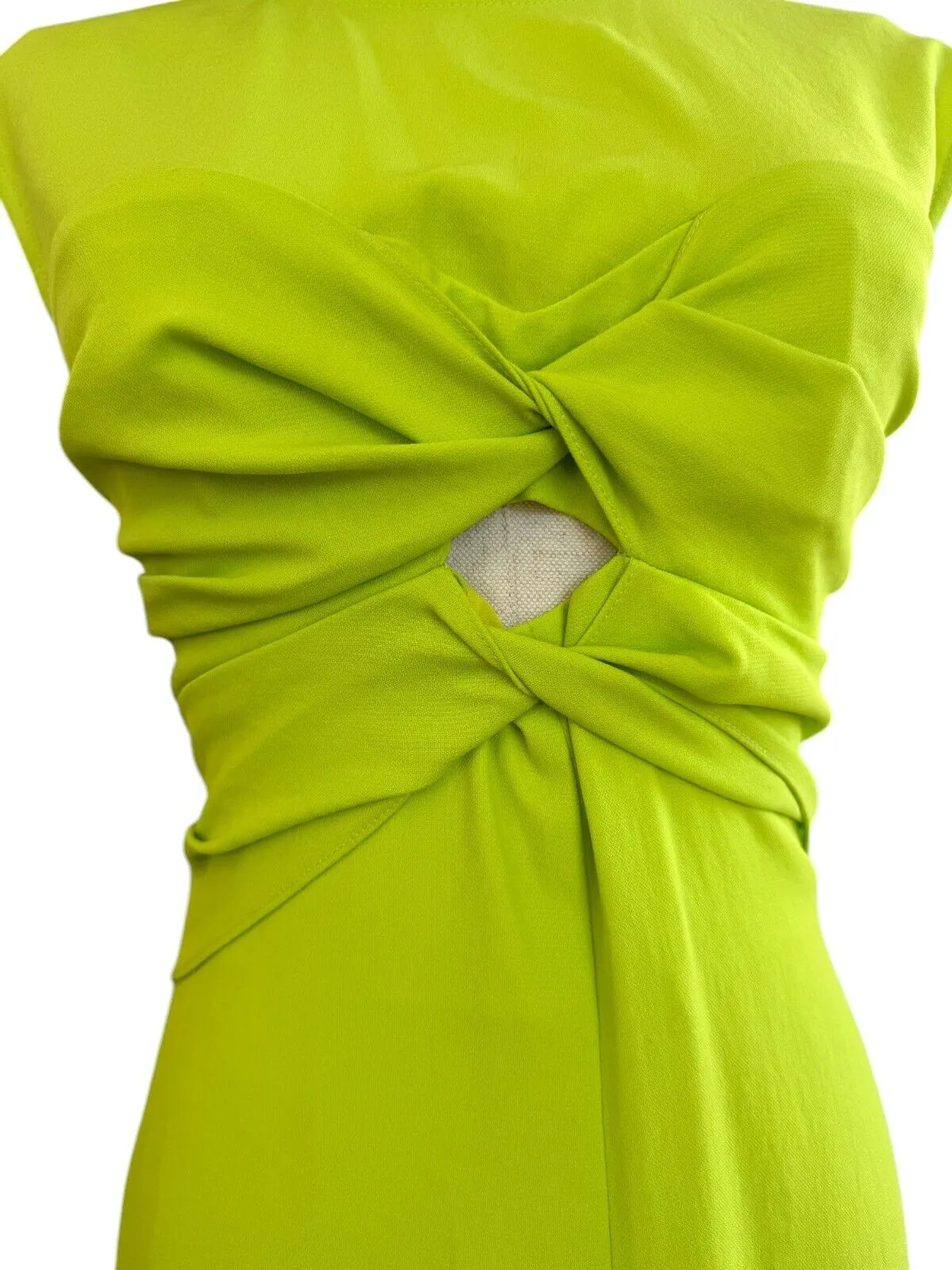 CUE Twist Front Bodice Midi Dress | Lime Green/Neon Yellow, Cutout, Crepe Fabric