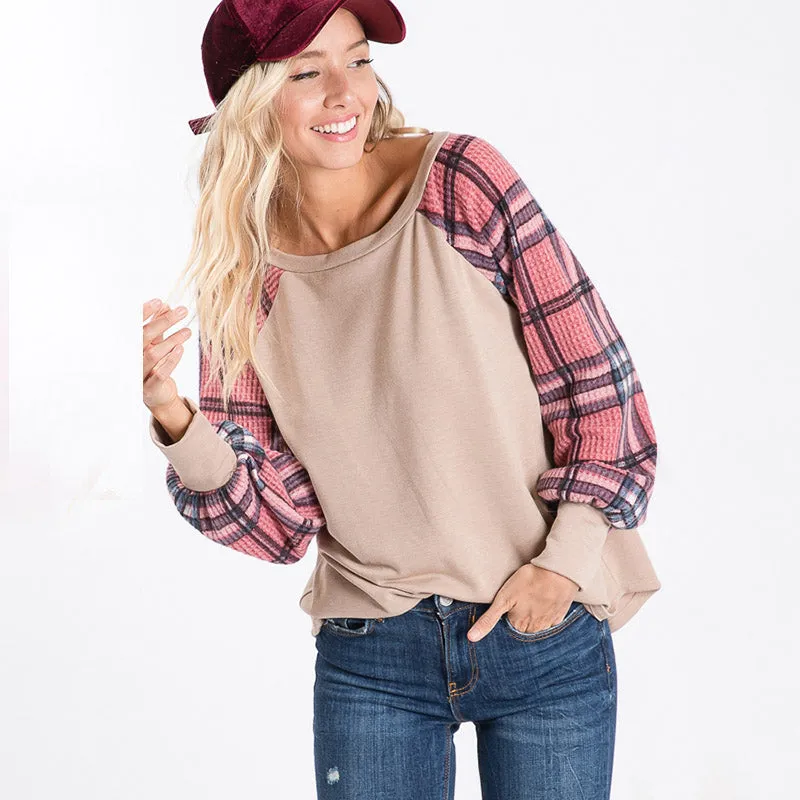 Eve Plaid Sleeve Top Beige