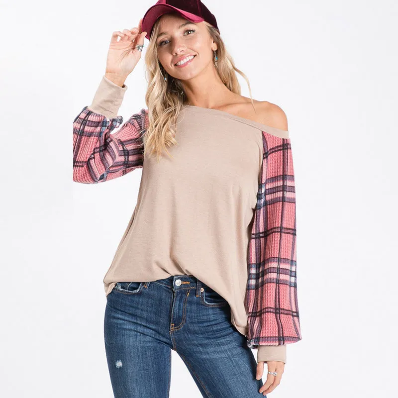 Eve Plaid Sleeve Top Beige
