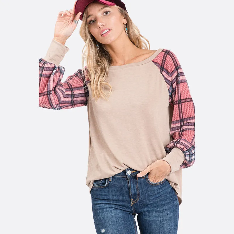 Eve Plaid Sleeve Top Beige