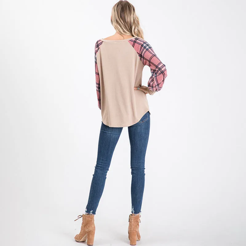 Eve Plaid Sleeve Top Beige