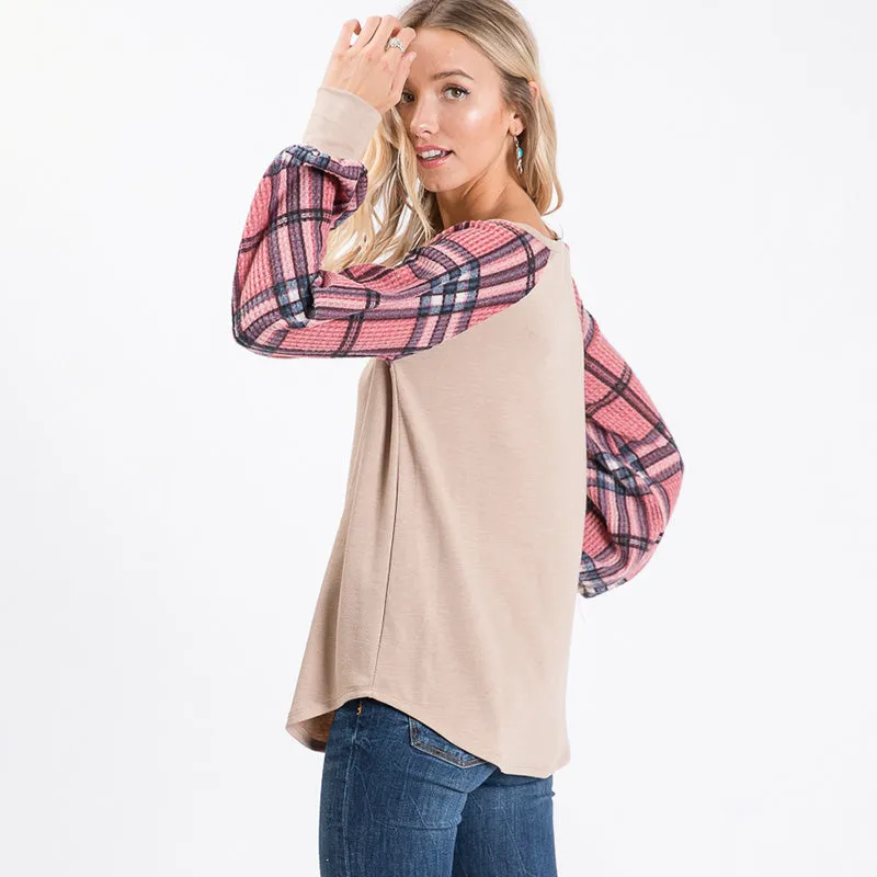 Eve Plaid Sleeve Top Beige