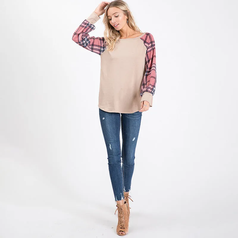 Eve Plaid Sleeve Top Beige