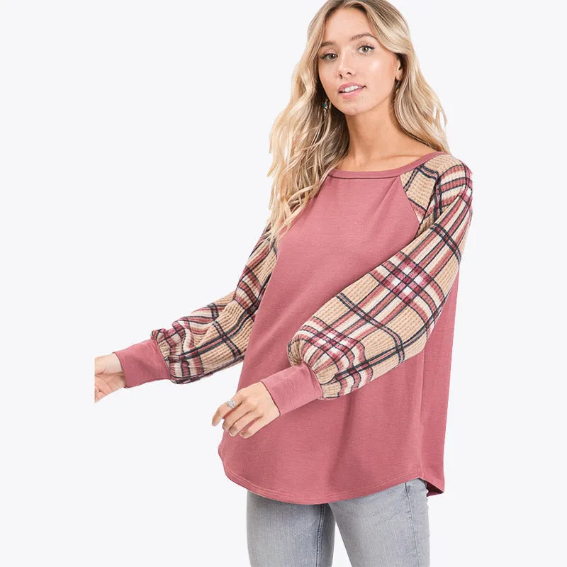 Eve Plaid Sleeve Top Mauve