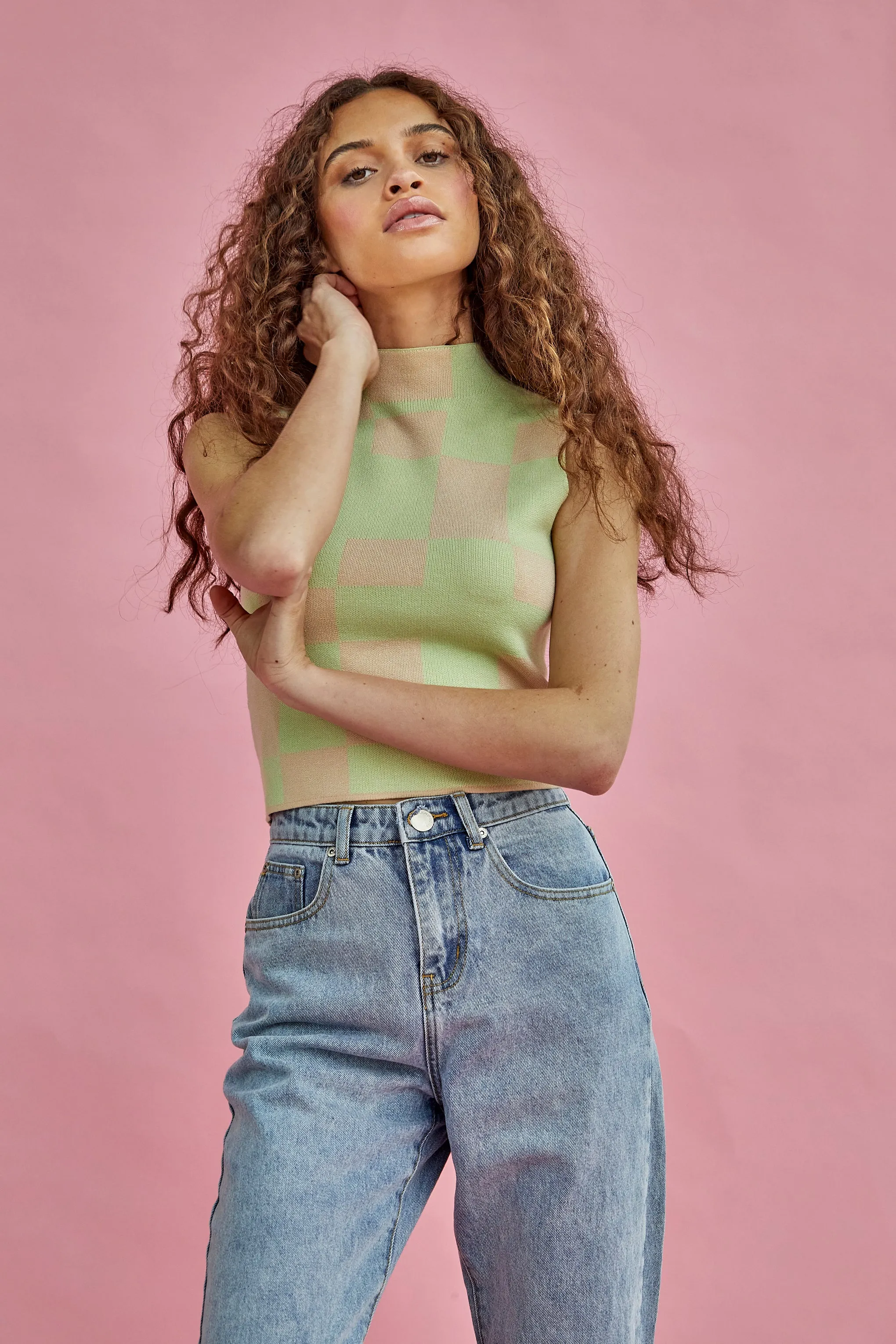 Glamorous Lily Green Stone High Neck Intarsia Tank Top