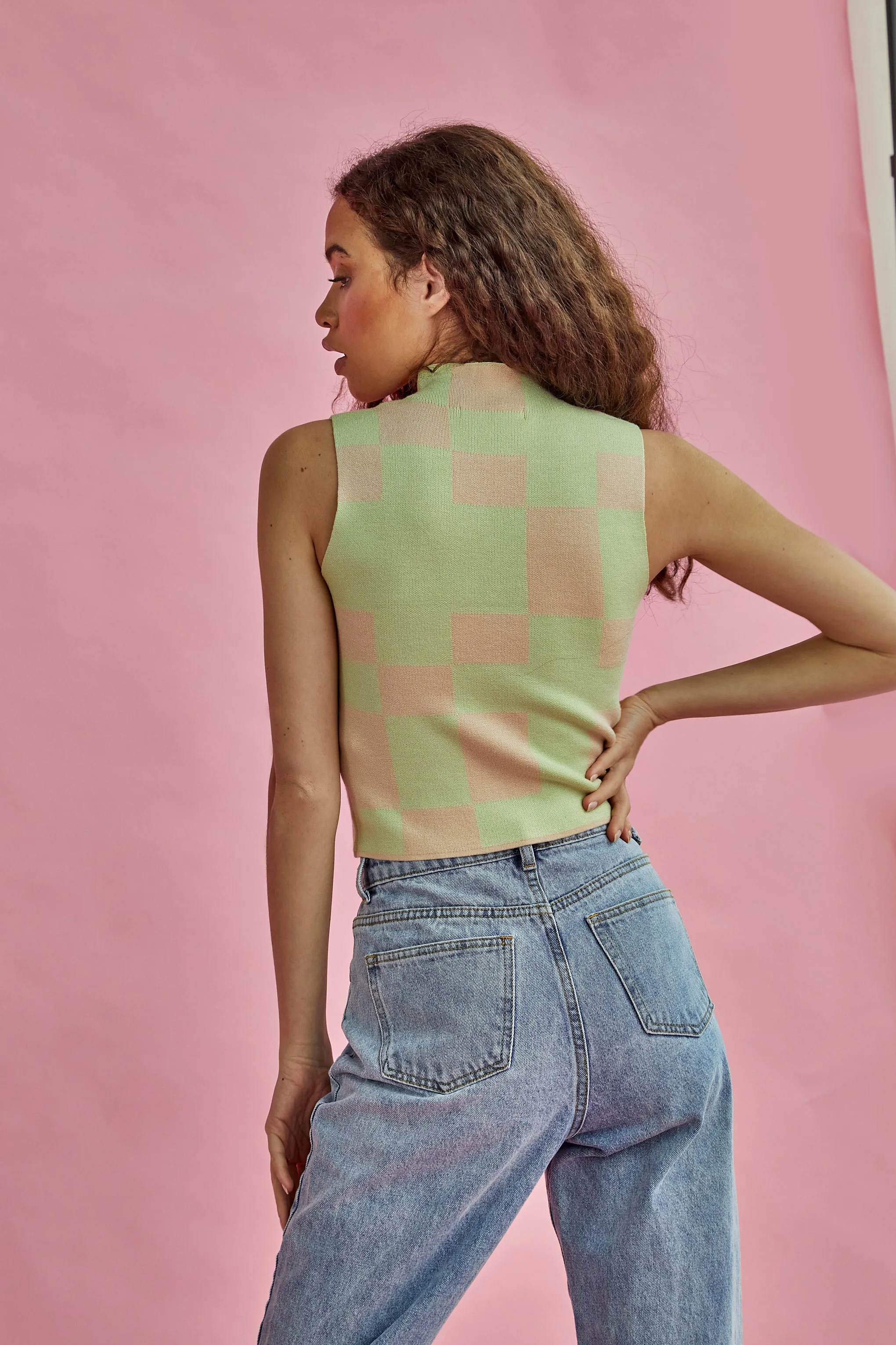 Glamorous Lily Green Stone High Neck Intarsia Tank Top