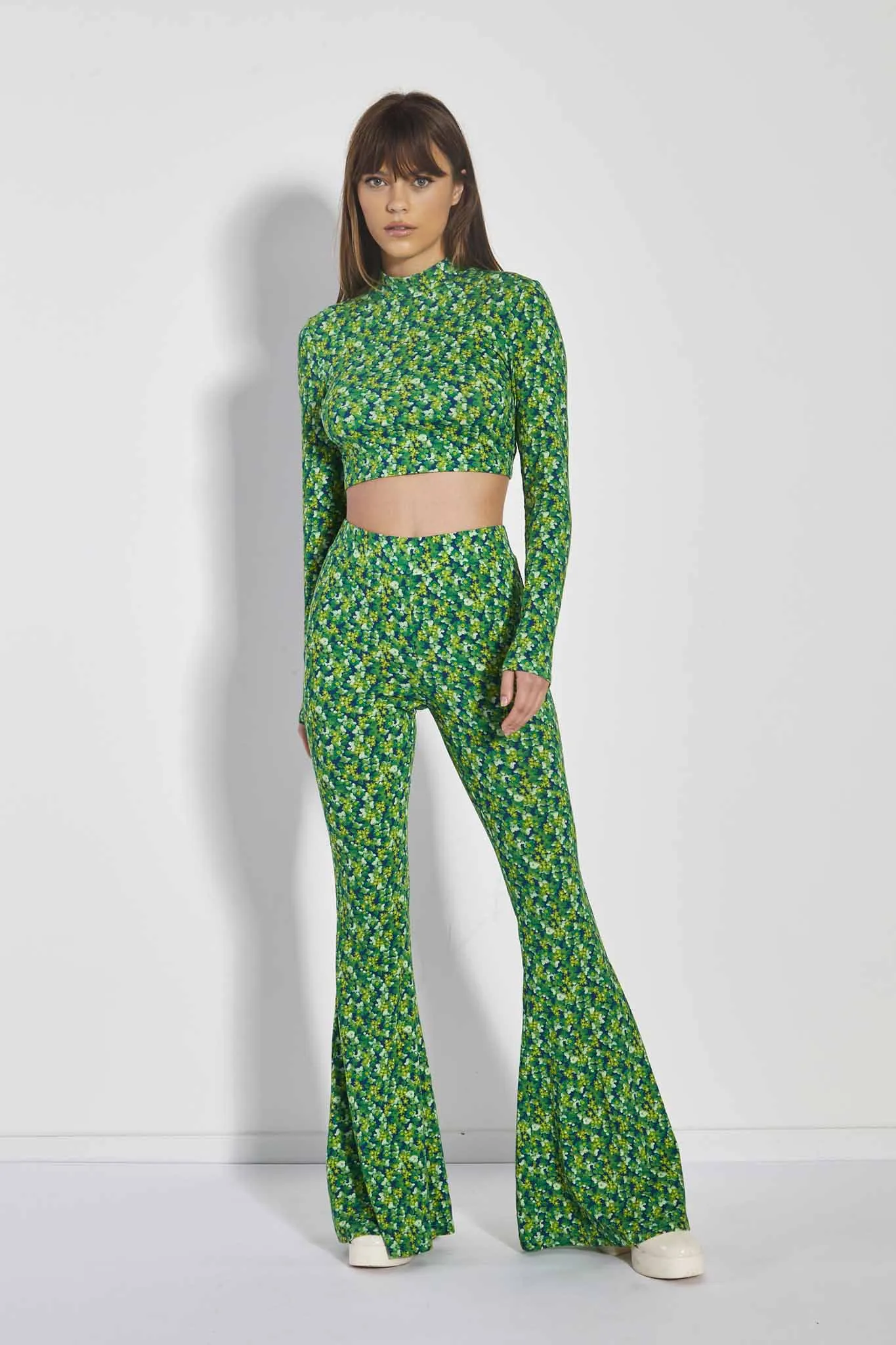 Glamorous Lime Blue Floral High Neck Long Sleeve Crop Top