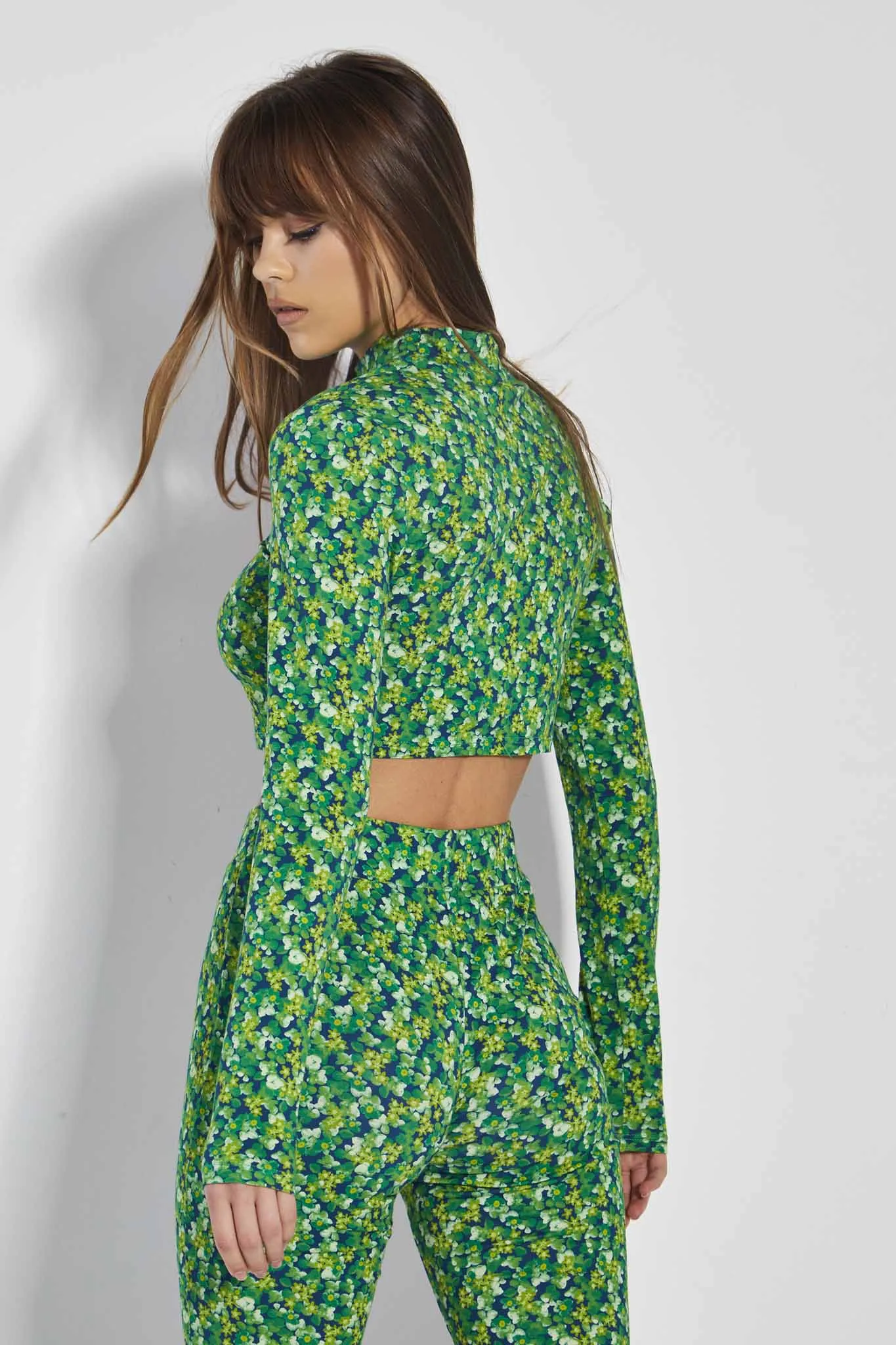 Glamorous Lime Blue Floral High Neck Long Sleeve Crop Top