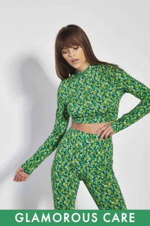 Glamorous Lime Blue Floral High Neck Long Sleeve Crop Top