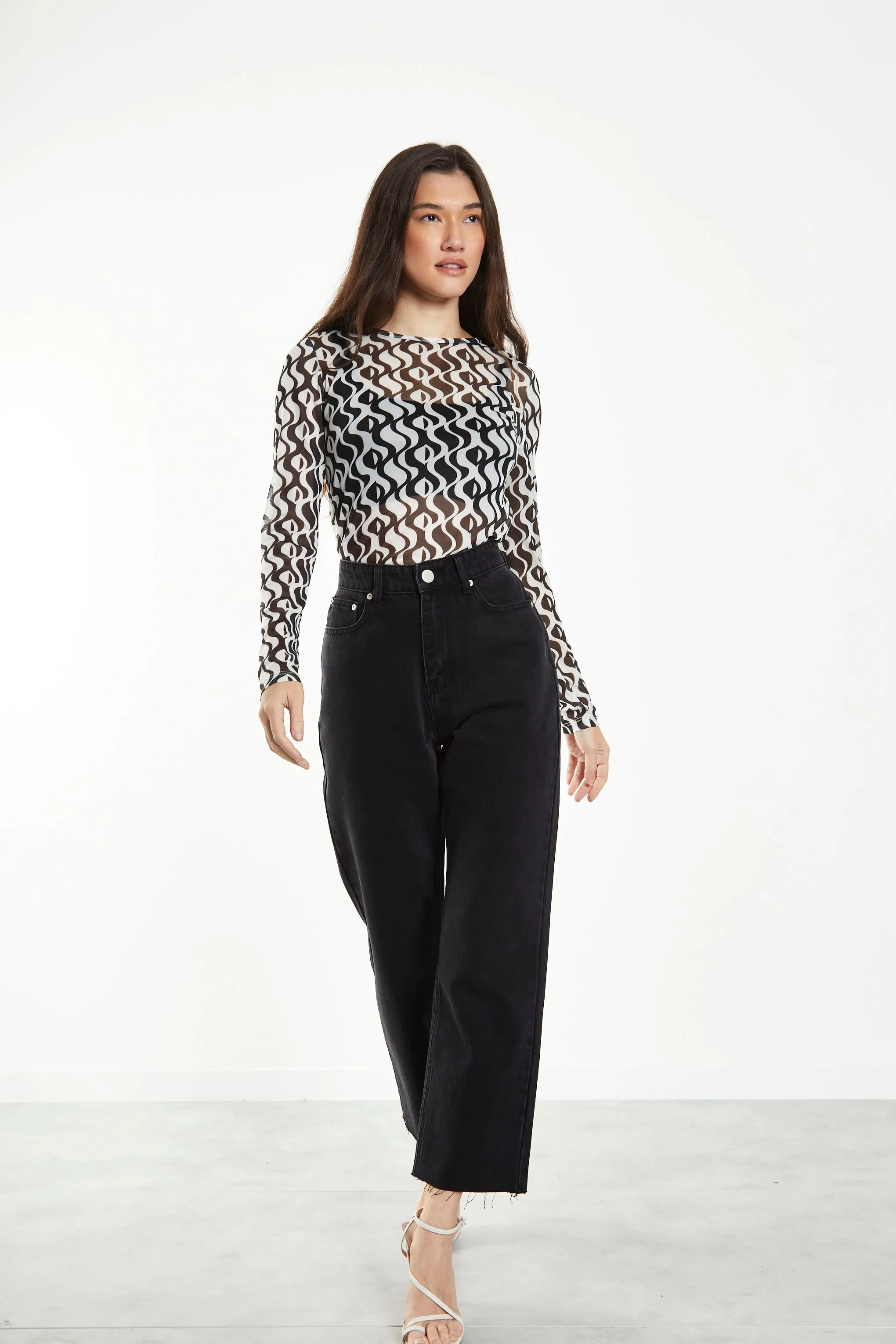 Glamorous Wavy Mono Mesh Long Sleeve Top