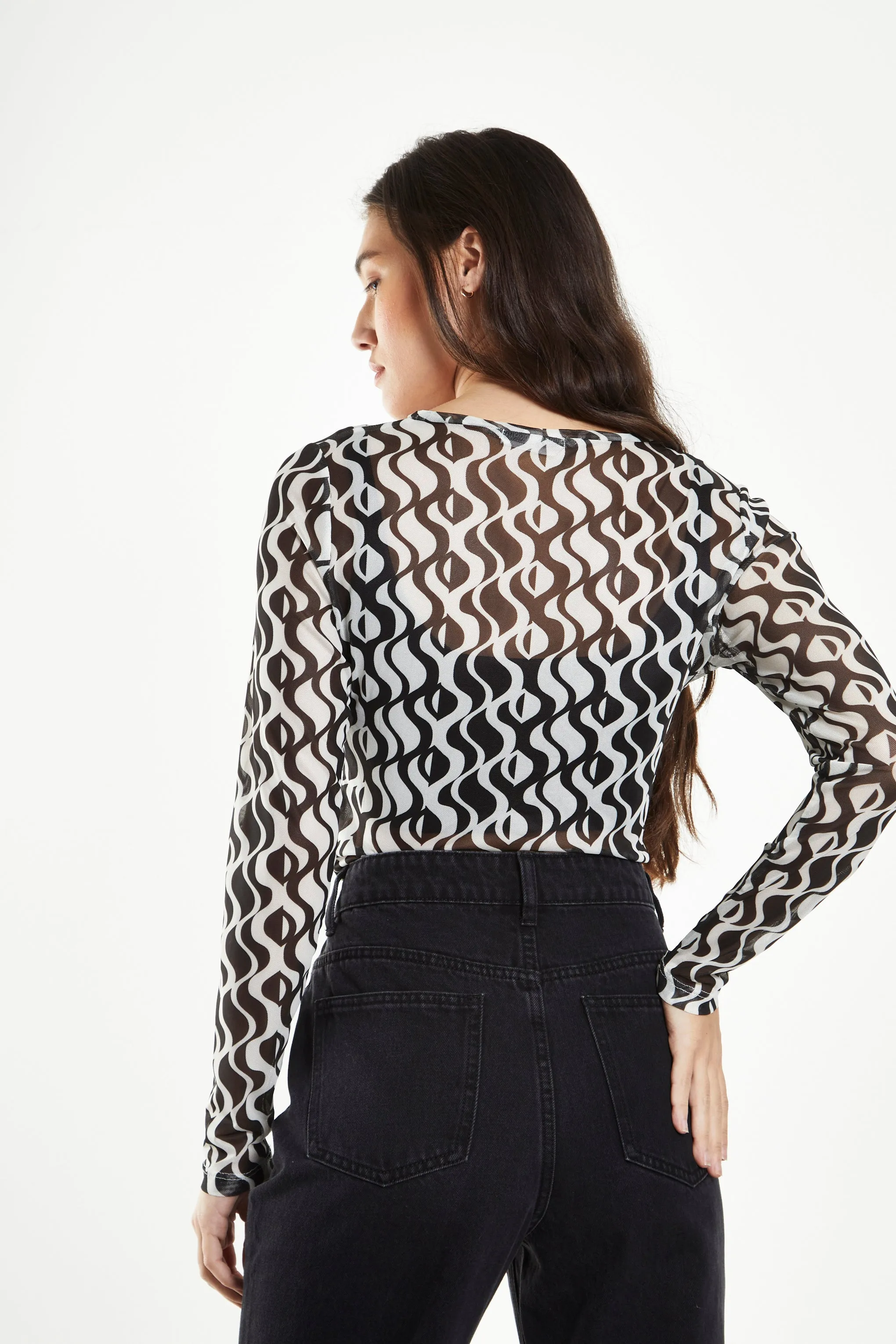Glamorous Wavy Mono Mesh Long Sleeve Top