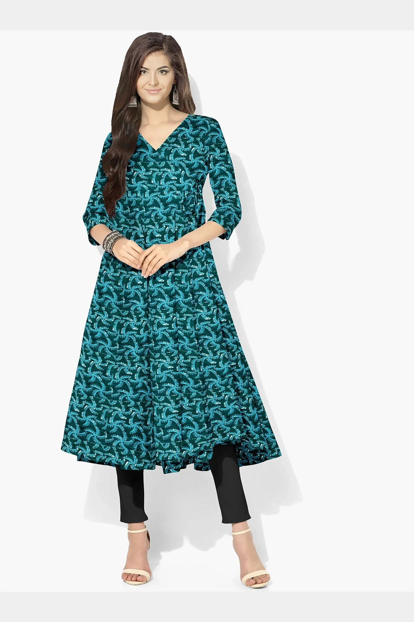 Green Thread Embroidery With Sequins Cotton Fabric
