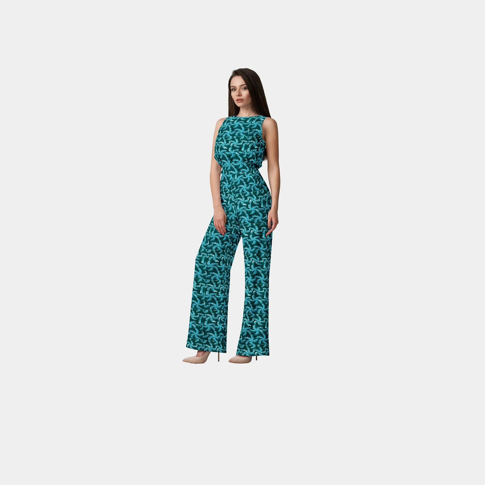 Green Thread Embroidery With Sequins Cotton Fabric