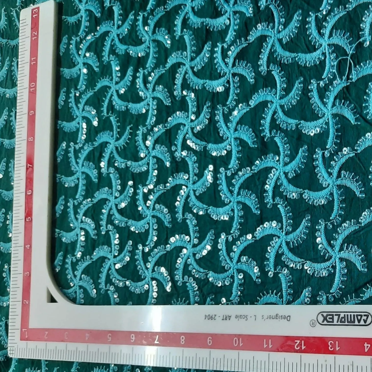 Green Thread Embroidery With Sequins Cotton Fabric
