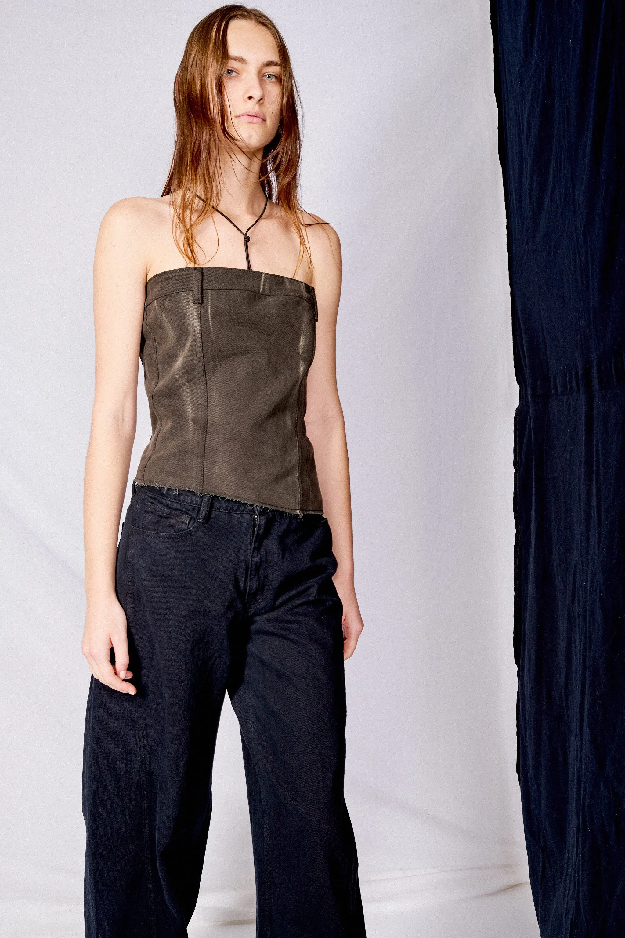 Grey Black Wash Denim Bandeau Top