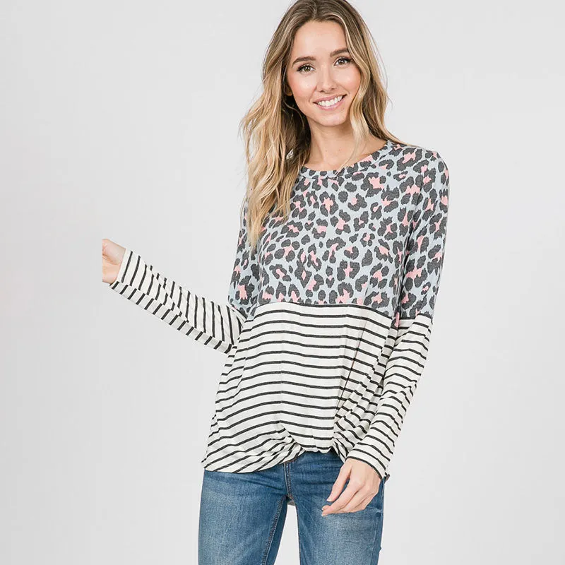 Leo Leopard Stripe Knot Top Mint