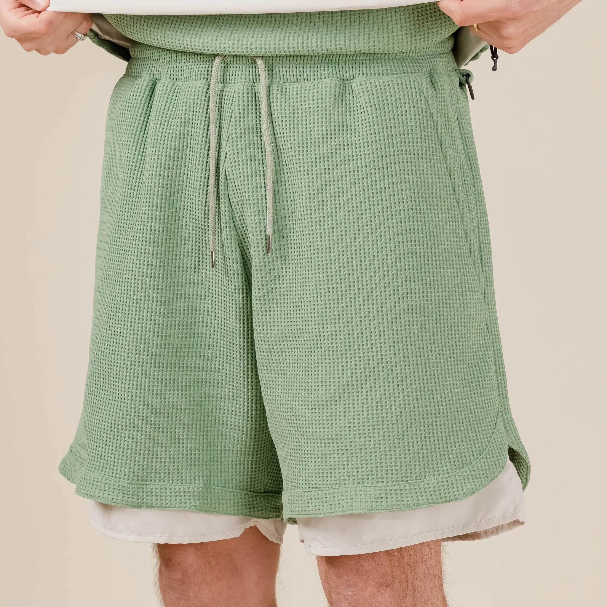 Meanswhile x This Thing Of Ours - SOLOTEX® Waffle Shorts - Sage & Cream