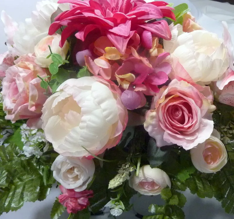 Memorial flowers in Fuchsia, Pink and white, Grave site spray