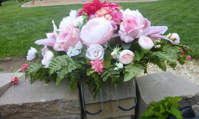 Memorial flowers in Fuchsia, Pink and white, Grave site spray
