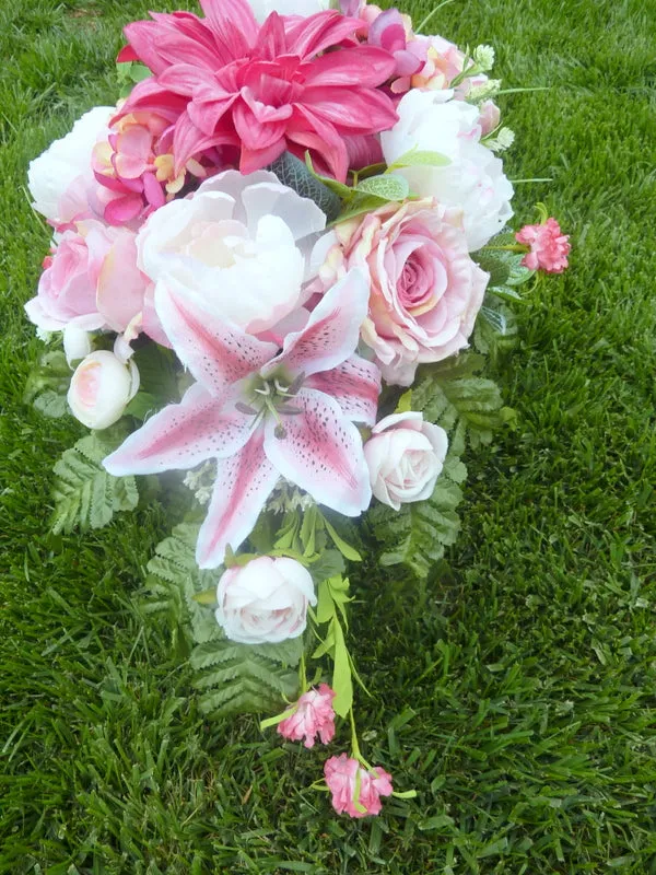 Memorial flowers in Fuchsia, Pink and white, Grave site spray