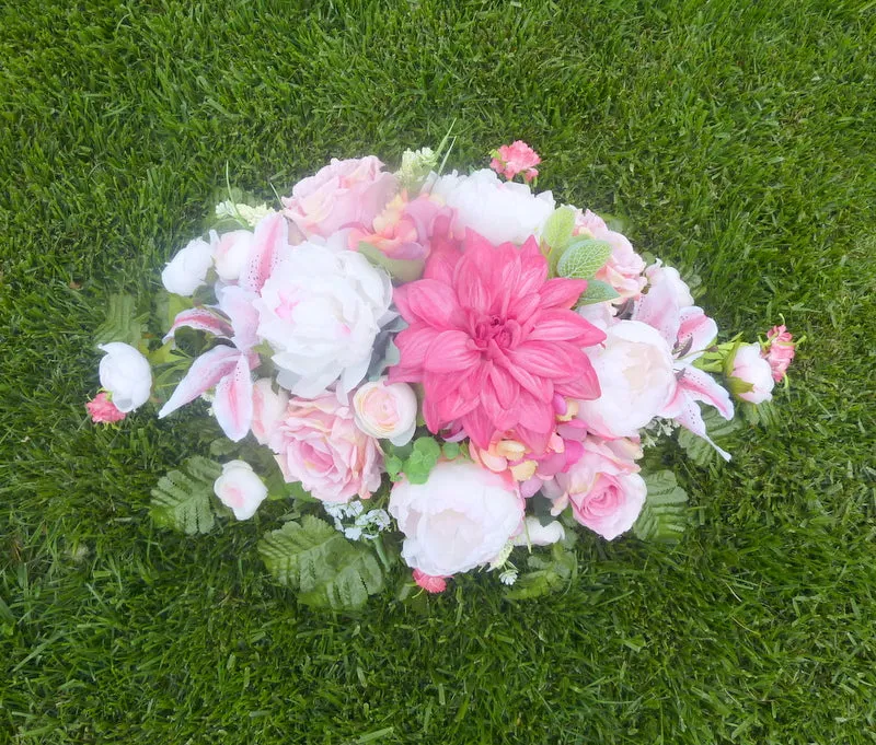 Memorial flowers in Fuchsia, Pink and white, Grave site spray