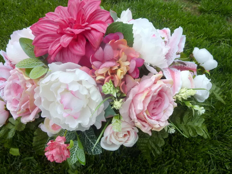 Memorial flowers in Fuchsia, Pink and white, Grave site spray
