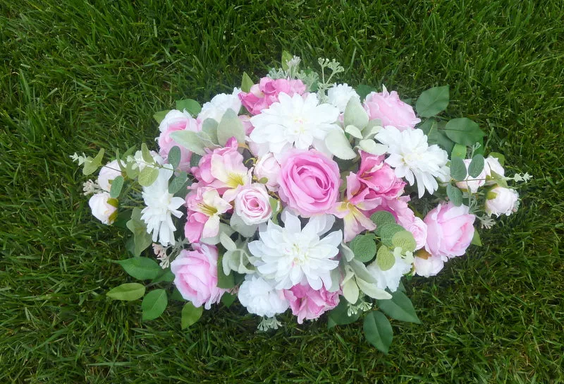 Pink and white cemetery flowers