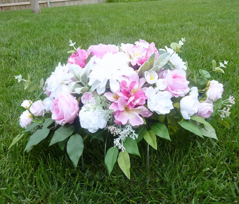 Pink and white cemetery flowers