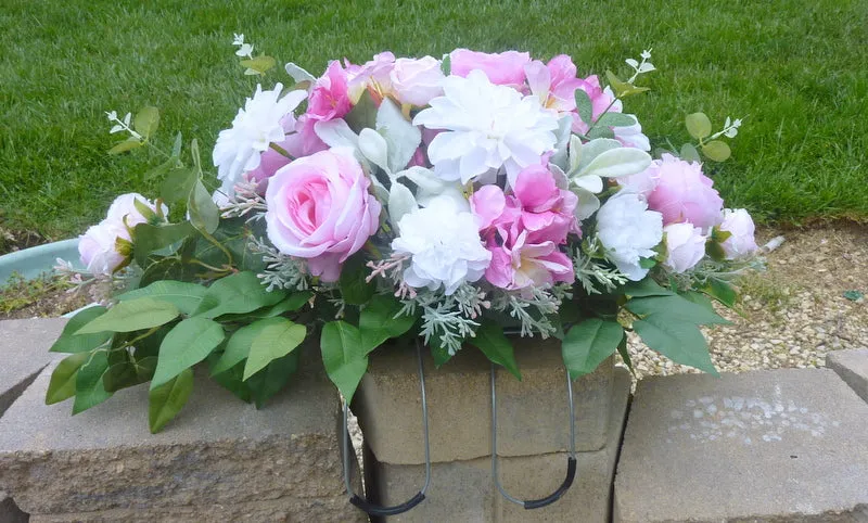 Pink and white cemetery flowers