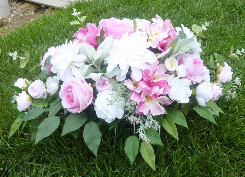 Pink and white cemetery flowers