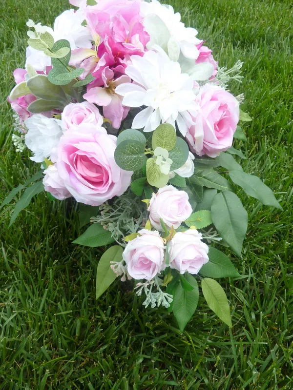 Pink and white cemetery flowers